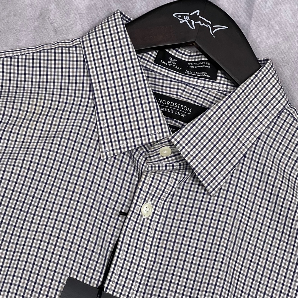 Nordstrom Mens Shop Dress Shirt Mens‎ Trim Fit Navy Grey Check NWT Smartcare 984